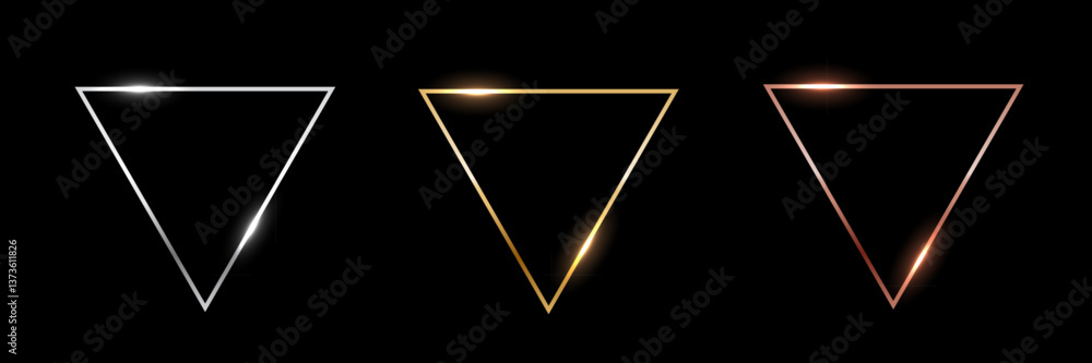 Poster gold, silver and bronze triangle frames. metal thin photo or picture frames isolated on black backgr