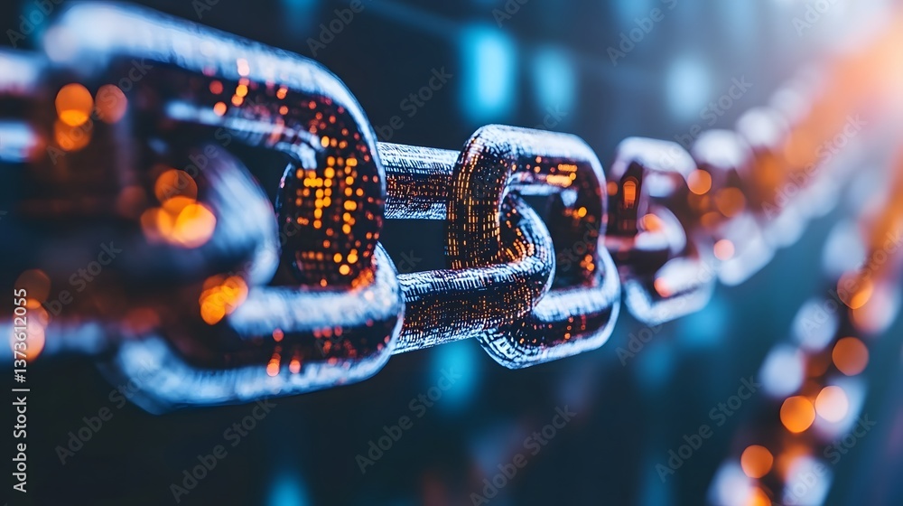 Aufkleber blockchain's tangible strength: a close-up shot highlighting a luminous metallic chain, symbolizing 