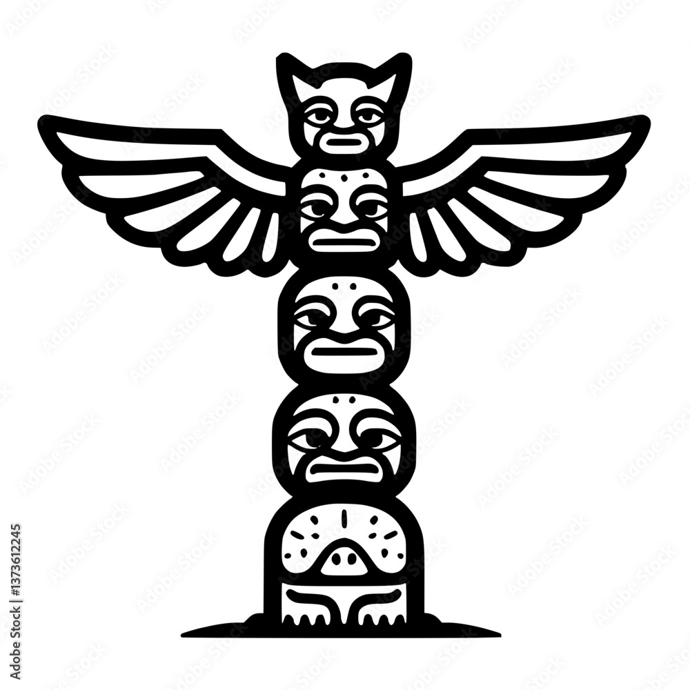 Aufkleber and illustration of a totem pole with stacked faces and wings on the second figure creating a symmet