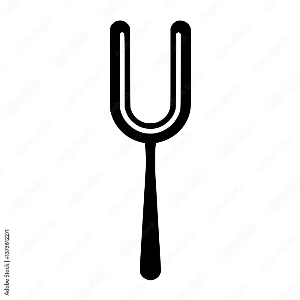Poster and icon of an tuning fork with rounded tines and handle minimalist representation on a simple and c