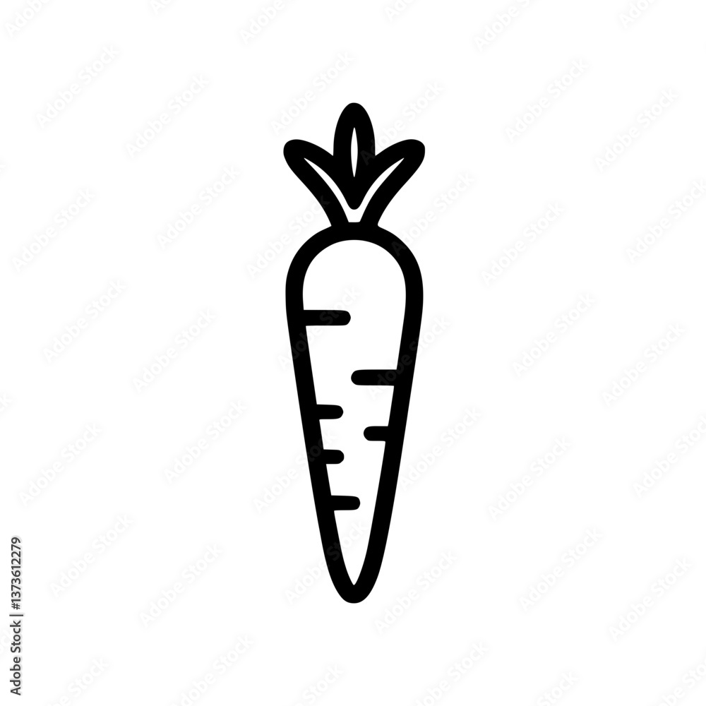 Poster isolated graphic depiction of a whole carrot with a pointed root and a leafy top the simple line dra