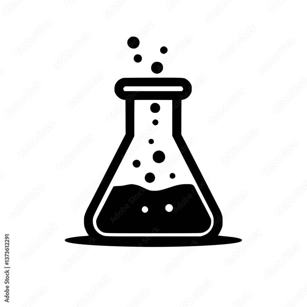 Poster and icon of an erlenmeyer flask filled with liquid with bubbles rising from it depicts science exper