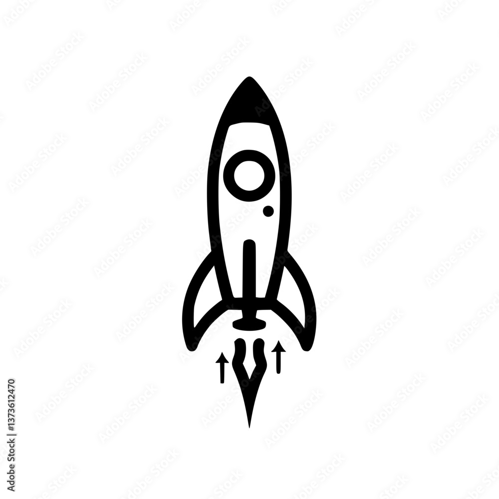 Poster a stylized rocket icon in and symbolizing space travel and technological advancement with a sleek mi