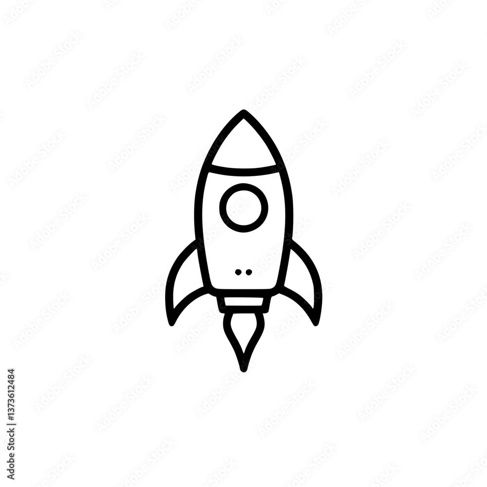 Poster outlined rocket blasting off embodying exploration and ambition symbolizes progress journey and tech