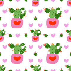 Cute Cactus in Heart Pot Pattern - Pink and Green Design