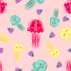 Cute Cartoon Jellyfish and Seashells Pattern - Pink Ocean Life