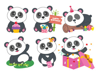 Panda birthday character clipart drawing set. Cute bear animal bday party icon clip art collection with surprise gift box, happy birthday signboard, tree branch and bamboo elements vector illustration