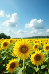 Fototapeta premium Sunflower fields with yellow rose wildflowers, flowers, countryside
