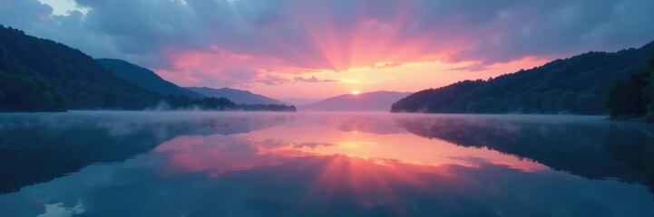 Water reflected in a misty lake on a cloudy evening, reflection, water