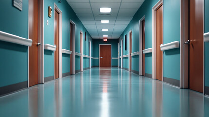 Fototapeta premium long, empty hospital hallway with teal walls and doors lining both sides creates serene yet eerie atmosphere. polished floor reflects overhead lights, enhancing sense of isolation
