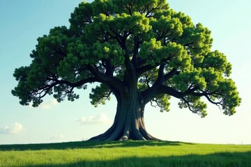 Fototapeta premium Single large tree dominates the scene with its massive trunk and sprawling canopy, shadows, giant, tree