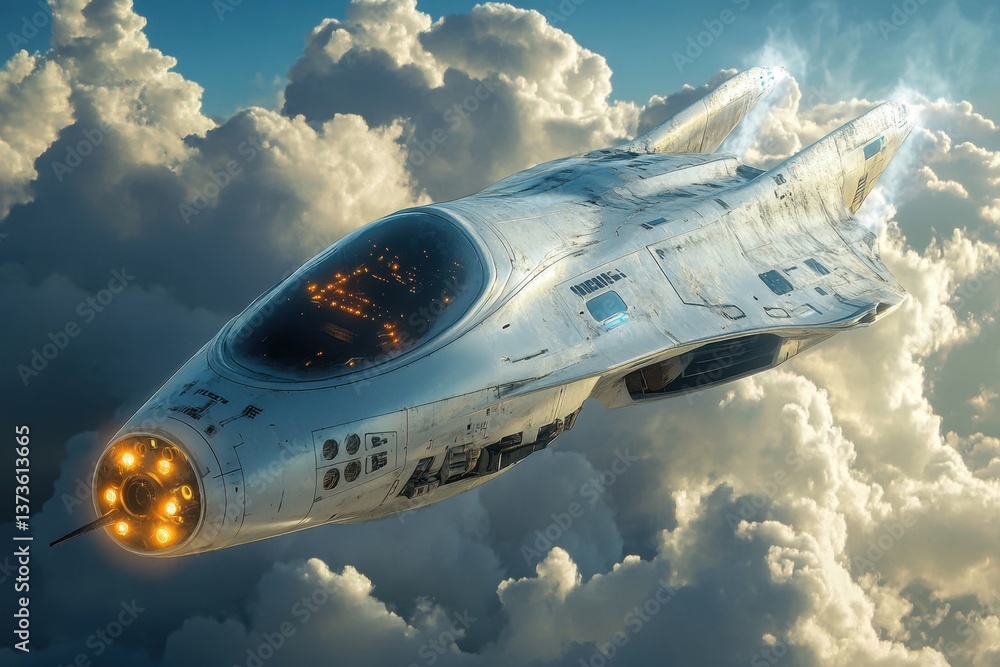 Poster futuristic spaceship soaring through clouds during a bright day in outer space