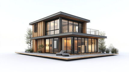 Modern two story house with glass walls and wooden accents