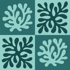 Modern Coastal Seamless Pattern. Abstract Ocean Wave and Seashell Texture. Boho Tropical Coral Background. Mosaic Nautical Summer Print for Textile, Wallpaper, Wrapping Paper, and Interior Decor.