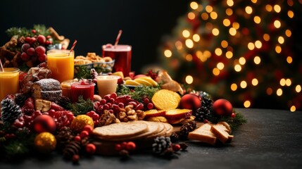 A Festive Christmas Table Spread with Juices, Pastries, Fruits, Nuts and More on a Dark Surface Surrounded by a Beautiful Blurred Background Display