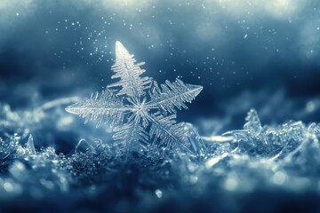 Beautiful snowflake resting on a frozen surface in a winter landscape