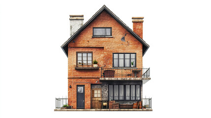 Loft style house with brick facade and balconies on white background