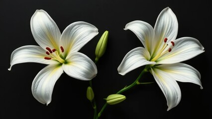 Fototapeta premium Delicate lily petals unfurl on a sleek black canvas, revealing elegant white hues, lilies, nature, flowers