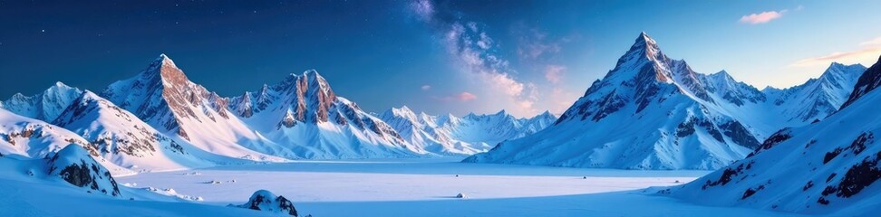 Obraz premium Snow-covered mountains rise high above the frozen valley under starry skies, mountain range, natural, landscape