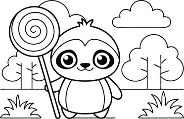 Cute Sloth with Lollipop, Outline Illustration, Trees, Clouds, Cartoon Animals