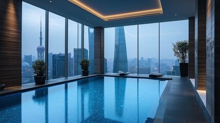 Obraz premium apartment outdoor view swimming pool can see gym at the side and skyscrapper modern luxury 