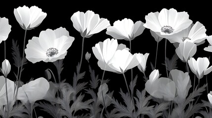 Elegant Monochrome Poppies Blooming Against Black Background