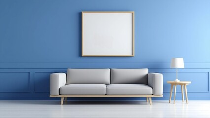 Modern interior of blue room, unframed picture hanging above grey sofa. can be used as an mockup for generative design.