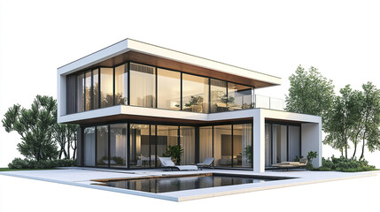 Fototapeta premium Modern two story house with large windows and pool, surrounded by trees