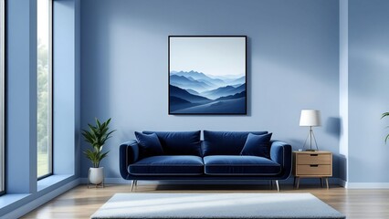 Modern interior of blue room, picture with abstract frame hanging above blue sofa. can be used as an mockup for generative design.