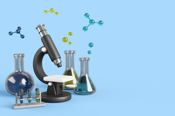 3d scientific research banner with microscope, glass flasks and beakers on blue background render....