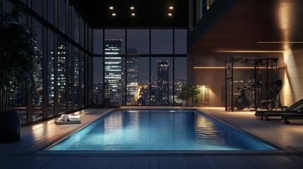 Fototapeta premium apartment outdoor view swimming pool can see gym at the side and skyscrapper modern luxury 