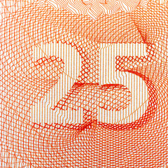 Close-up of intricate orange number 25 design on white background.