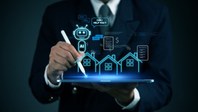 Real estate AI assistant on tablet, chatbot for smart property management, automation, data-driven marketing and housing business technology innovation. - Powered by Adobe