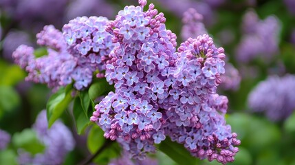 Intricate Clusters of Lilac Flowers in Full Bloom Captured in a Soft, Green and Purple Blurred Background, Evoking Tranquility and Natural Beauty for Springtime Home Decor