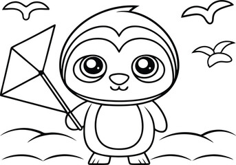 Cute Penguin Outline with Kite, Cartoon Illustration, Beach Vibes, Outline Style