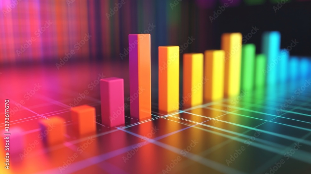 Poster multi-color d bar graph with smooth rounded edges and soft light cast on a grid plane