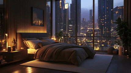 Luxurious loft bedroom with glass walls and soft linens at night