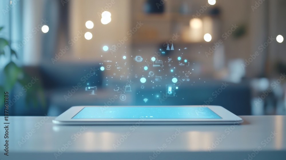 Poster tablet on a minimalist surface with a hovering ai screen showing interactive icons, glowing effects,