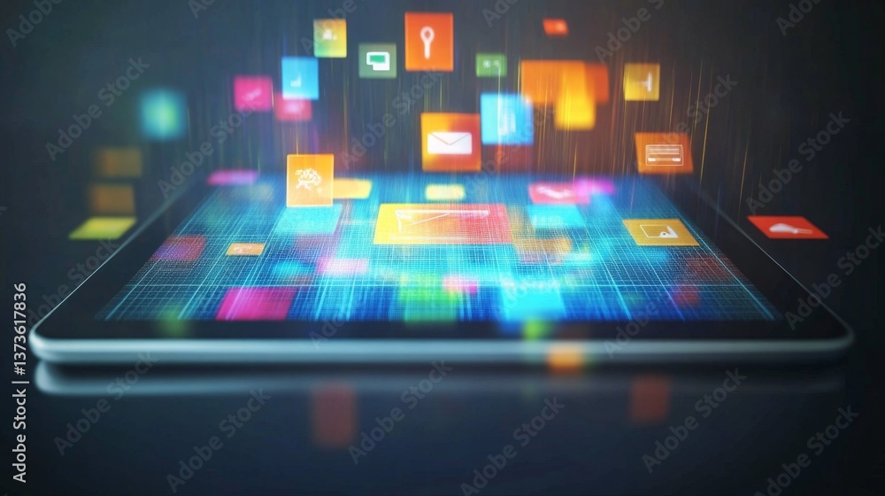 Poster tablet on a minimalist surface with a hovering ai screen showing interactive icons, glowing effects,