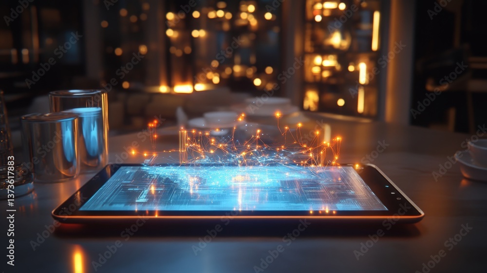 Poster tablet with a floating holographic display showing virtual elements, animated data, and vibrant ligh