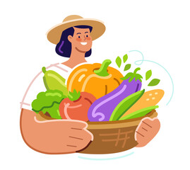 Happy woman farmer holding basket full of fresh vegetables. Healthy organic food grown on local farm. Flat design
