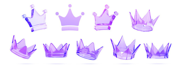 3d glass holographic transparent crown render icon set. Medieval royal headdress for king or queen, monarchy symbol for game or ui design. Crystal gradient corona badge, winner award. 3D illustration © marozhkastudio