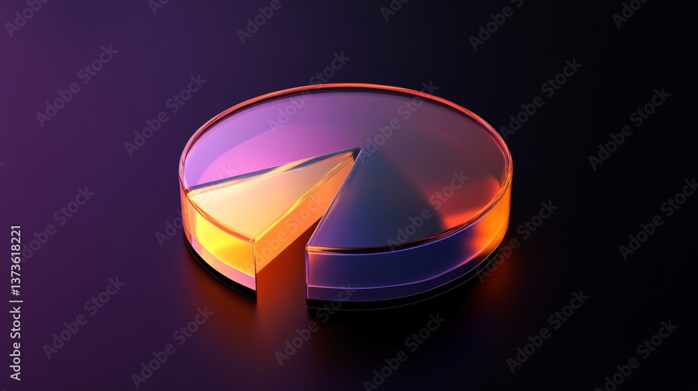 Poster transparent d pie chart with parted wedges lit from within, placed on a dark base
