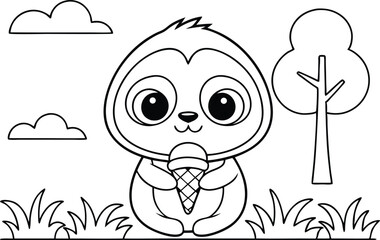Outlined Cartoon Sloth Holding Ice Cream Transparent Background Art for Kids