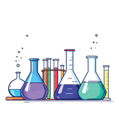 Laboratory glassware containing colorful chemical liquid for scientific experiment