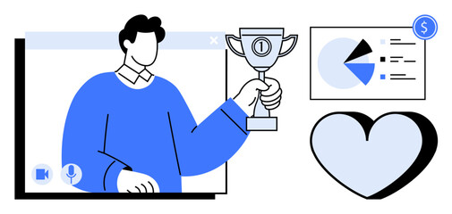 Person holding a trophy during a video call, accompanied by analytics chart, heart, and currency icon. Ideal for remote success, achievement, teamwork, recognition, progress analytics online
