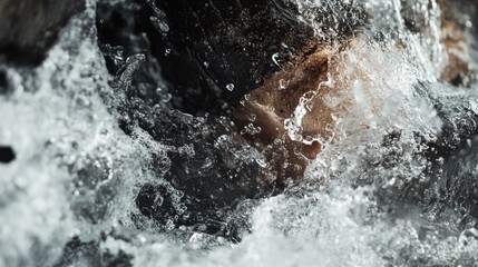 Fototapeta premium A person submerged in a rushing stream, their face partially obscured by churning water. The scene evokes a sense of energy and the power of nature.