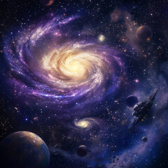 Obraz premium Stunning cosmic scene featuring a swirling galaxy, planets, and a spacecraft in deep space