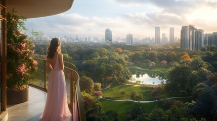 Ultra-realistic digital artwork of a modern luxury balcony with a transparent glass railing overlooking a lush green city park and a vibrant urban skyline