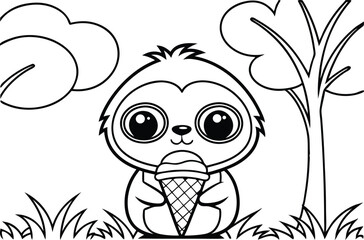 Smiling Sloth Holding Ice Cream Cone Outline Cartoon in Transparent Background
